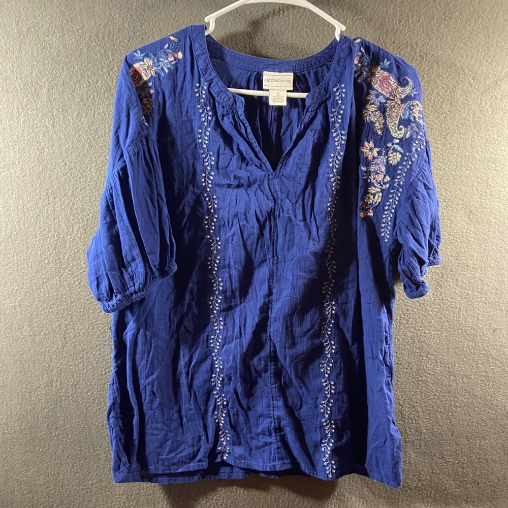 boho embroidered peasant top medium cotton blue Blouse cottagecore hippy b